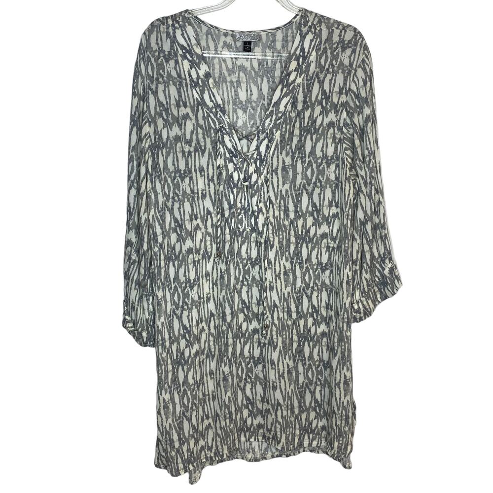 J Valdi Womens Size Large Gray Cream Cover Up Dress Roll Tab Sleeves‎ Pullover